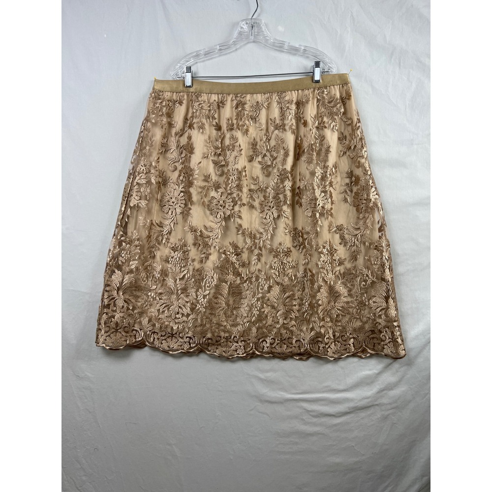 Cato Skirt Women XL Gold Floral Embroidered Mesh Scalloped Hem Lined Holiday
